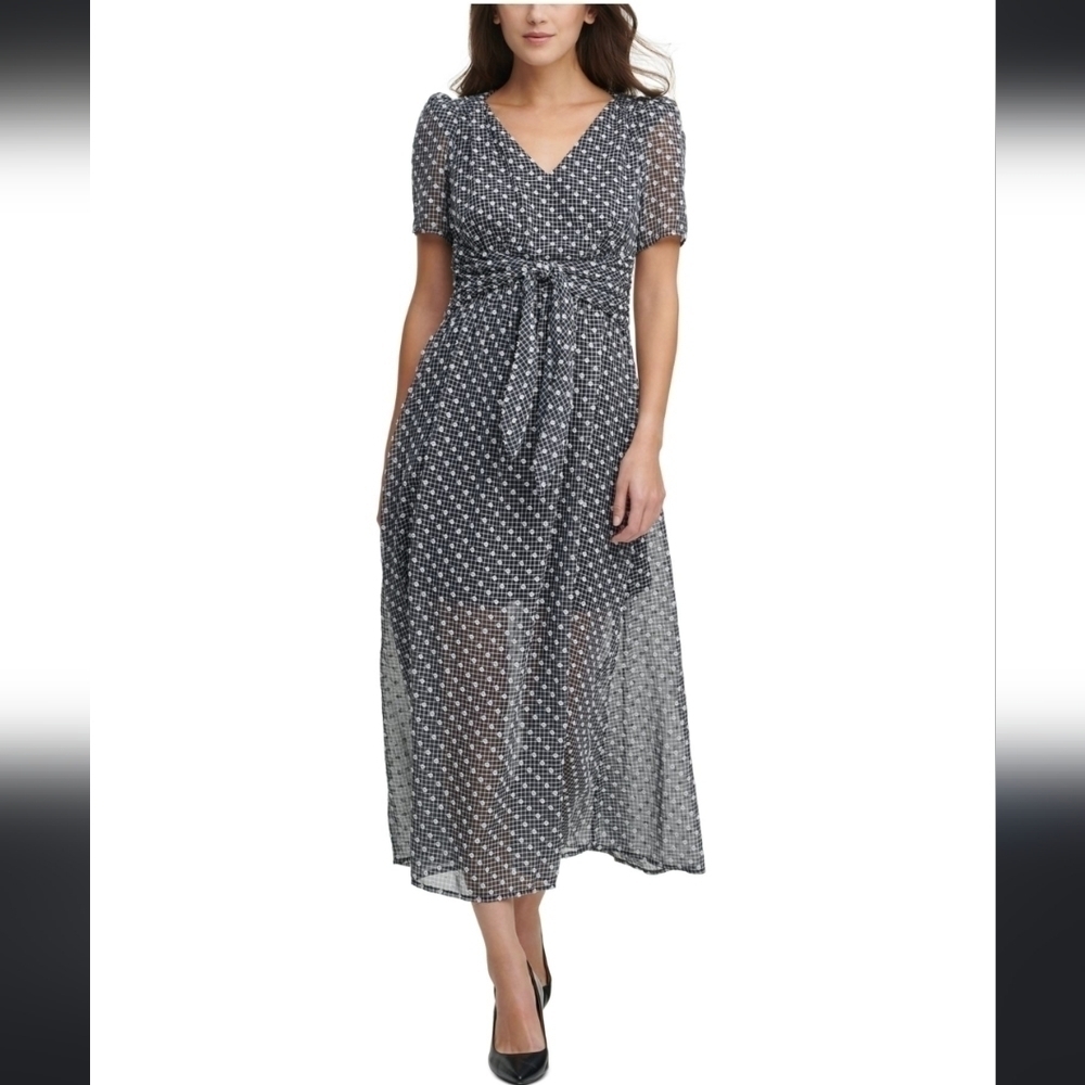 Calvin Klein Navy Flower Gingham Maxi Dress Faux Wrap 6 Semi Sheer Cottagecore